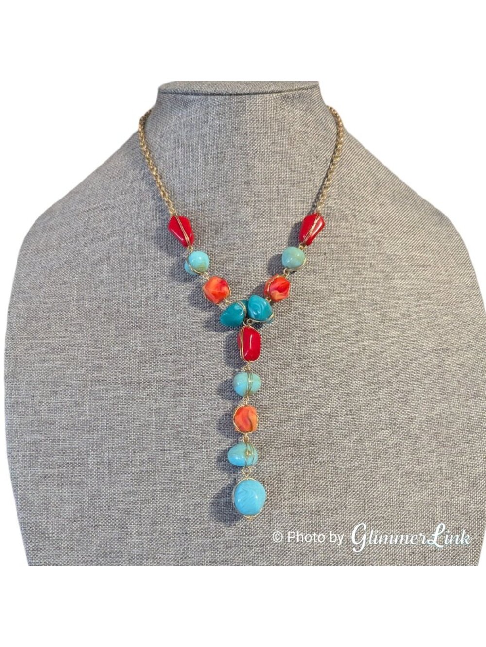 Karma Bella Gold Tone Wire Wrapped Bead Y Necklace Teal Red Orange